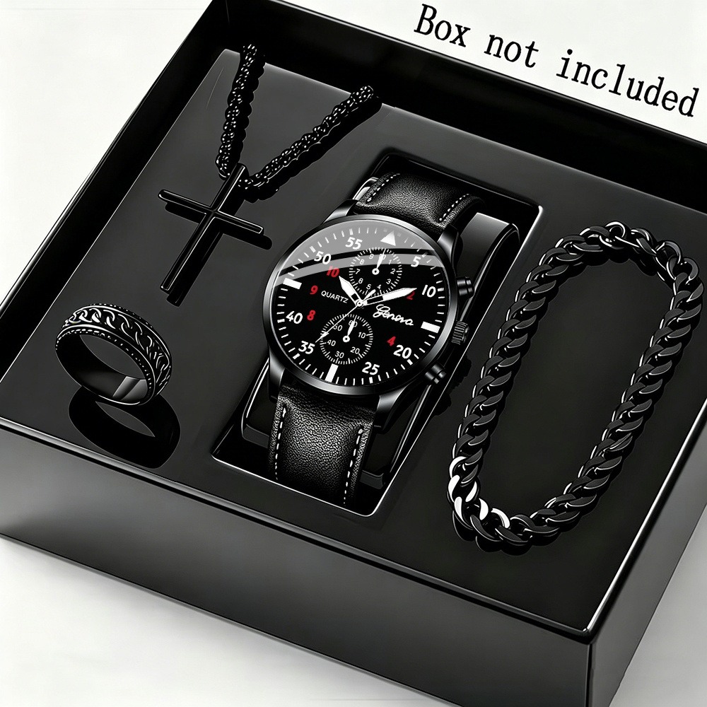 Men Accessories Ring And Bracelet - Elegancki zestaw 4-częściowy: męski zegarek kwarcowy